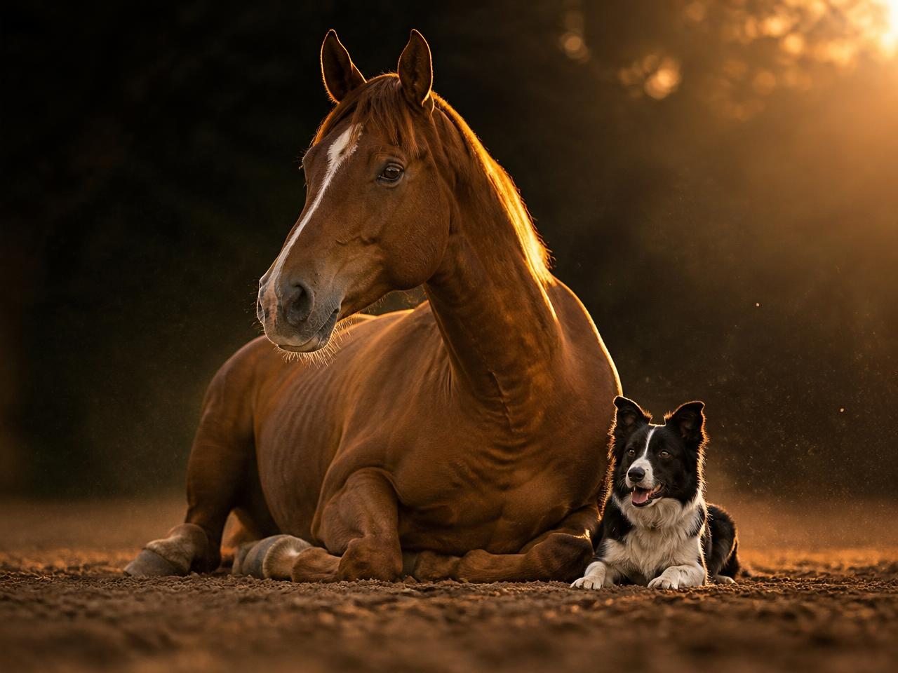 A horse and working dog resting after activity